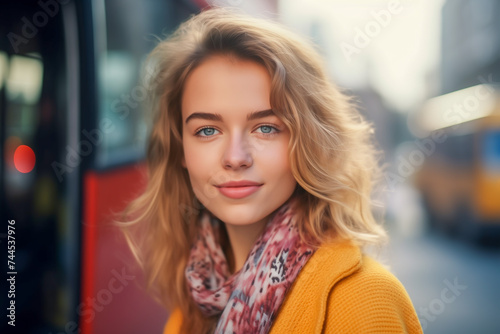 Smiling college student woman in front of a bus