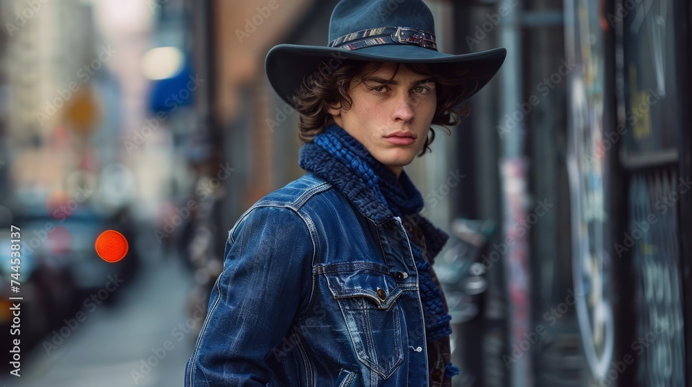 Young Man with Hat Posing on Urban Street Young Man with Hat Posing on Urban Street