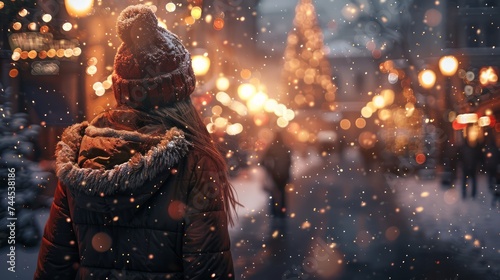 Young Woman Enjoying Snowfall in Festive Winter Cityscape
