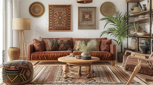 A living room with bohemian decor, featuring a mix of patterns and textures in earthy tones.