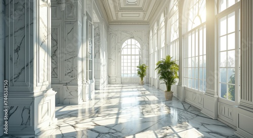 Opulent Palace: Sunlit Marble Interior with Vintage Design and Gold Accents