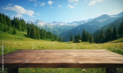 Wallpaper Mural Empty wooden tabletop against beautiful alpine landscape, green meadow and mountains, generated by ai Torontodigital.ca