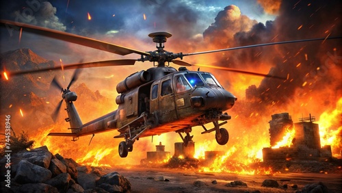 Military Helicopter in the War with Neon Fire Background