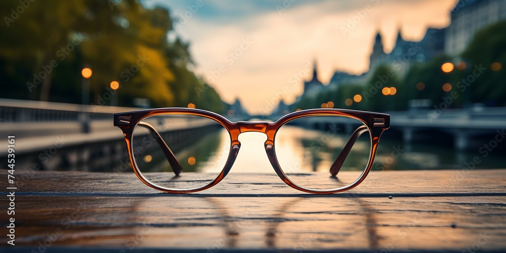 Glasses placed on a bridge railing to symbolize vision correction concept. Concept Vision
