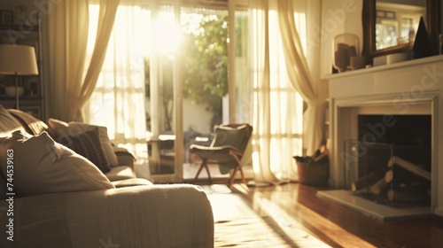Cozy Living Room Bathed in Warm Sunset Light A comfortable living room glows with the golden light of sunset streaming through sheer curtains, creating a peaceful and warm atmosphere. 