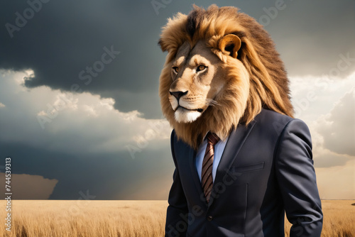 Fearless business man as lion in business suit in the Savanah