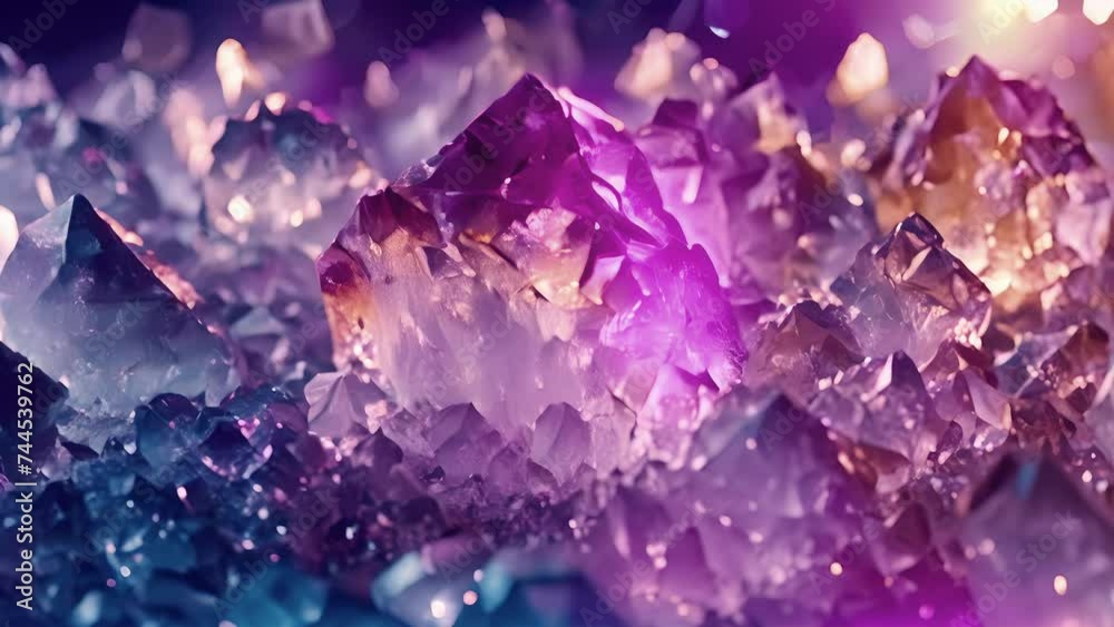 Closeup of iridescent crystals in motion showcasing the vibrant play of light and color across their faceted surfaces. Closeup of iridescent crystals in motion showcasing the vibrant play of light and color across their faceted surfaces.