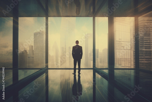 Business, law and finance concept. Business man silhouette in surreal business and urban environment. Minimalist style, city and buildings background