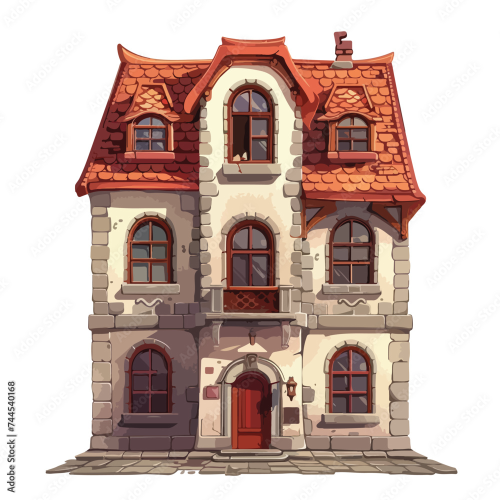 Old two storey house with red roof retro architecture