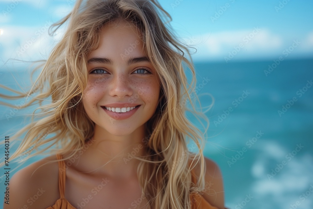 Young Blonde Girl Beams with Happiness, Enjoying Outdoor Fun in the Hazy Sunshine