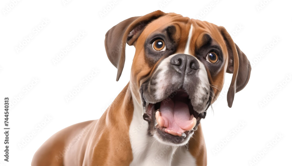A funny and surprised boxer dog, isolated on a white transparent background in PNG format.