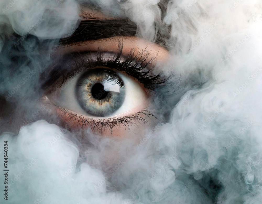 Detail taken from above of a clear female eye emerging from a sea of white smoke. Parts of her face partially covered and high iris detail. Magnetic eye of a woman. Left eye twitching.
