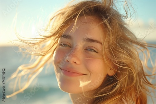 Young Blonde Girl Beams with Happiness, Enjoying Outdoor Fun in the Hazy Sunshine © yevgeniya131988
