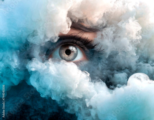 Detail taken from above of a clear female eye emerging from a sea of white smoke. Parts of her face partially covered and high iris detail. Magnetic eye of a woman. Left eye twitching.