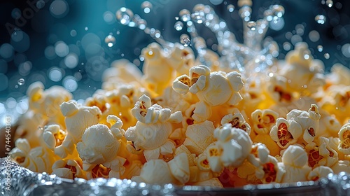 Butter-drenched popcorn kernels popping out of a pan, creating an enticing image that evokes the j