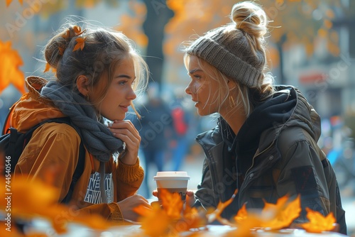 Two Female Students Enjoying Outdoor Chat Over Coffee