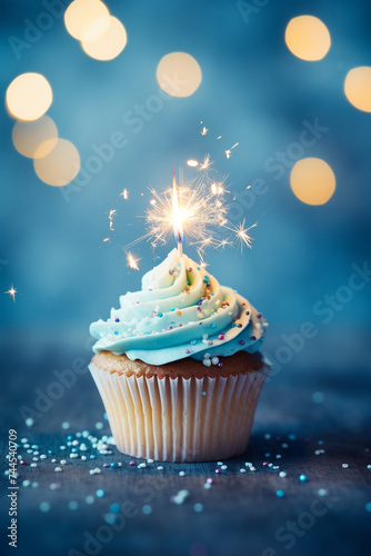 cute cupcake with one birthday candle, photograph, fun light background сreated with Generative Ai