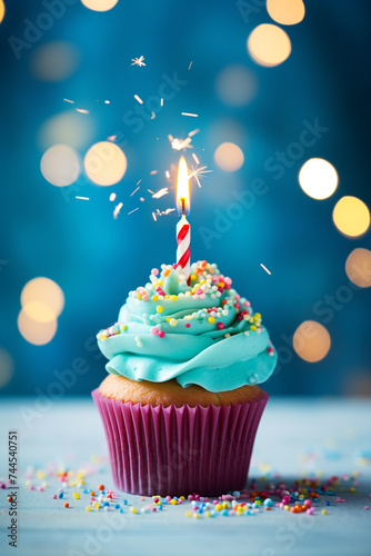 cute cupcake with one birthday candle, photograph, fun light background сreated with Generative Ai