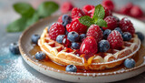Fresh and colorful waffles with berries, mint, and tap syrup on plate.