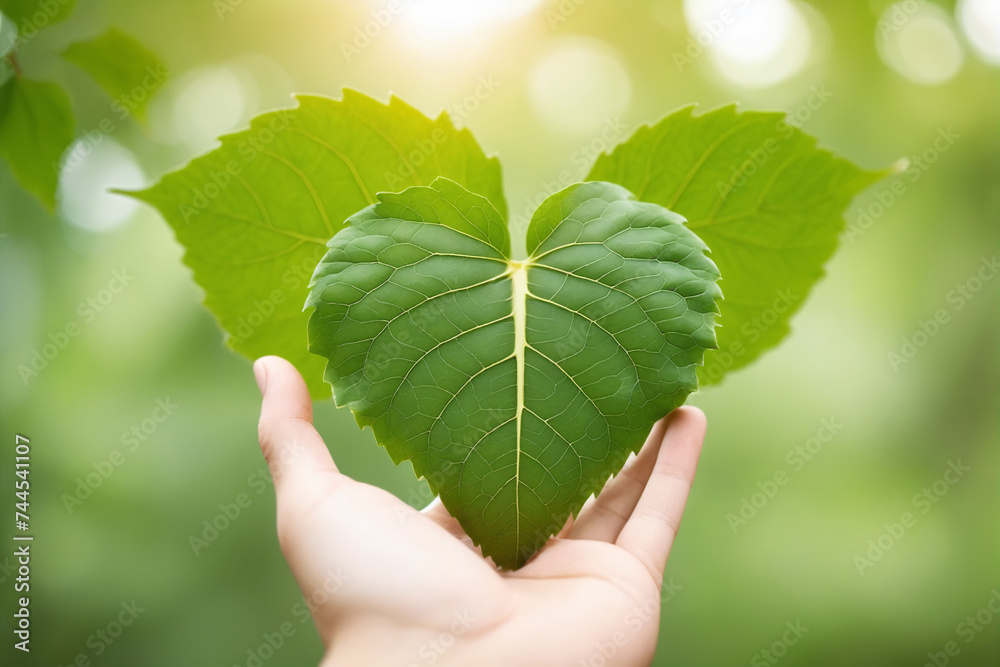 Human heart made in leaf, blurred nature background, concept for love for the environment Human heart made in leaf, blurred nature background, concept for love for the environment
