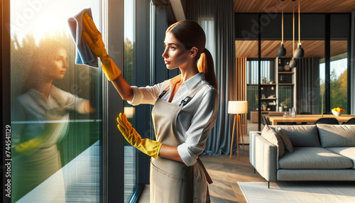 Maid cleaning window in a modern living room in stylish house. photo