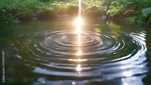 Closeup of a rippling pond with sunlight glinting off the water and creating a shimmering effect.