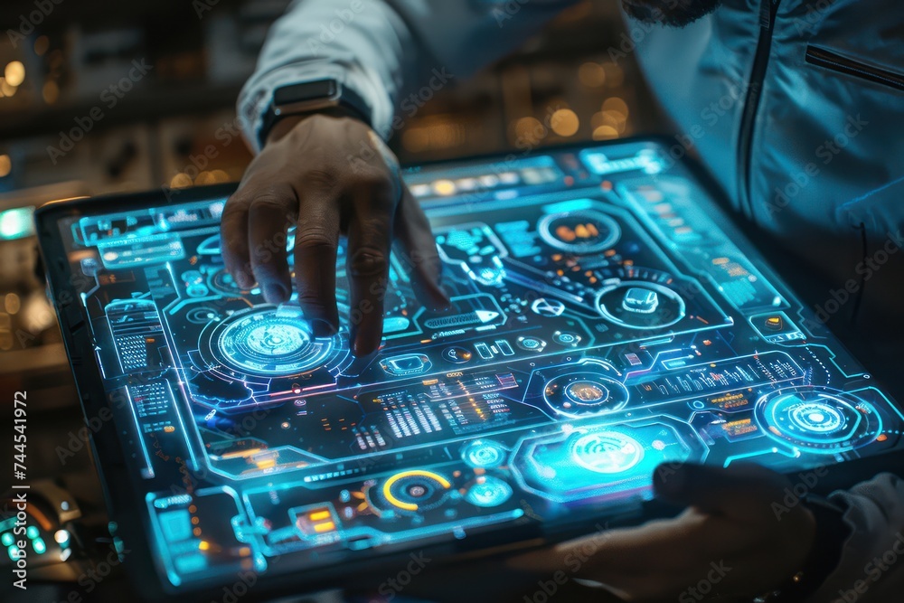 Hands working on a futuristic tablet with a glowing screen. Technology and data transaction concept. Hands working on a futuristic tablet with a glowing screen. Technology and data transaction concept.