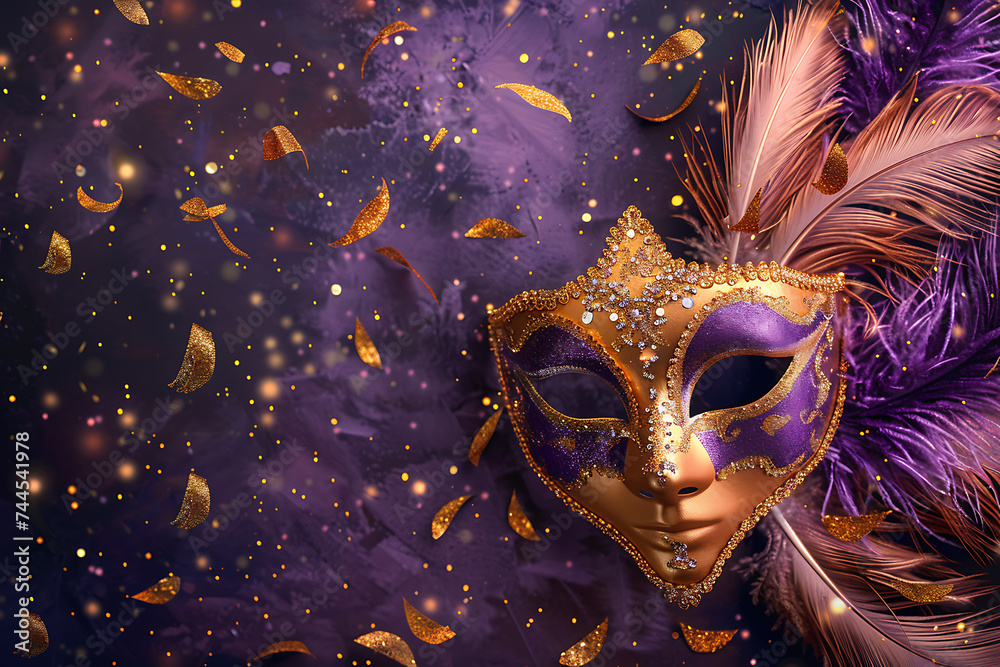 gold masquerade mask and feathers on purple backgroun gold masquerade mask and feathers on purple backgroun