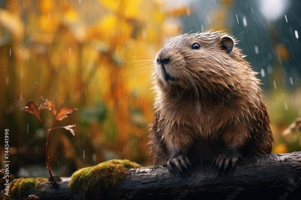 A coypu (river rat) perched on a log, whiskers glistening from water droplets