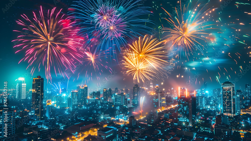 Fototapeta premium Fireworks illuminating the night sky above a cityscape, with vivid colors.