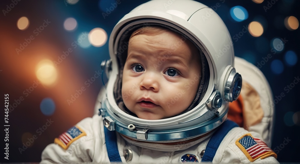 Portrait of Baby astronout, wearing astronout form and helms Portrait of Baby astronout, wearing astronout form and helms
