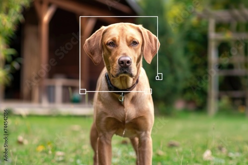 Focused Labrador retriever with HUD elements suggesting targeting or tracking © P