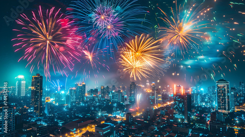 Fireworks illuminating the night sky above a cityscape, with vivid colors.