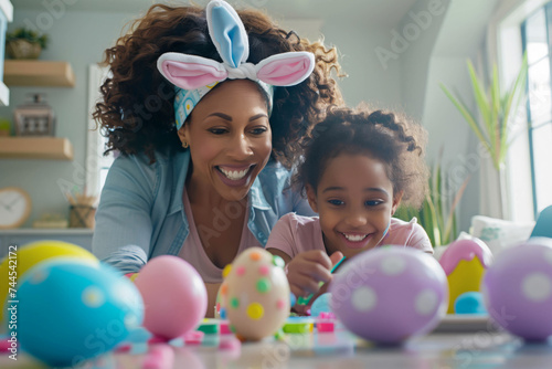Smiling African American Mother and Daughter Decorating Easter Eggs
