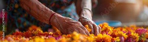 Elderly hands delicately arranging a spread of colorful marigold flowers.