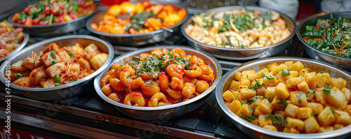 Assorted spicy Korean dishes on display, featuring vibrant reds and greens.