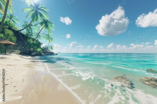 Tropical beach paradise with lush greenery and turquoise waters under a clear blue sky © P
