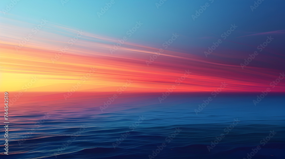 Serene ocean with a gradient sunset, where sky and water meet in harmonious shades of red and blue.