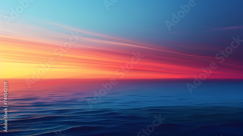 Serene ocean with a gradient sunset, where sky and water meet in harmonious shades of red and blue.