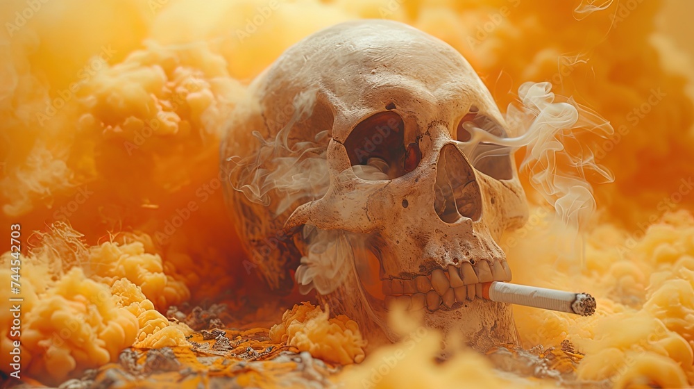 A creative visual representation of the harmful effects of smoking, such as a skull with a cigaret - obrazy, fototapety, plakaty 