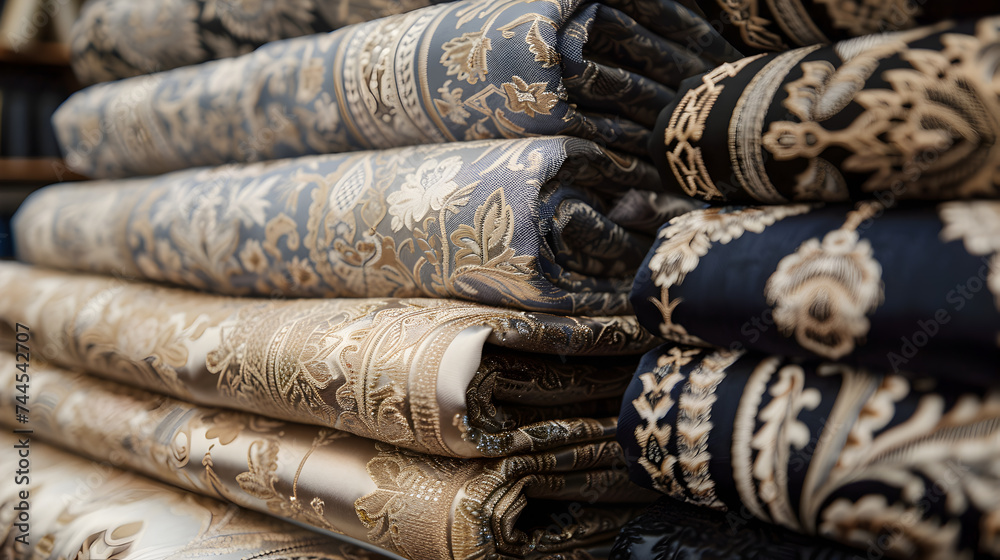 Rolls of luxurious fabric with intricate designs, exuding elegance and rich texture.