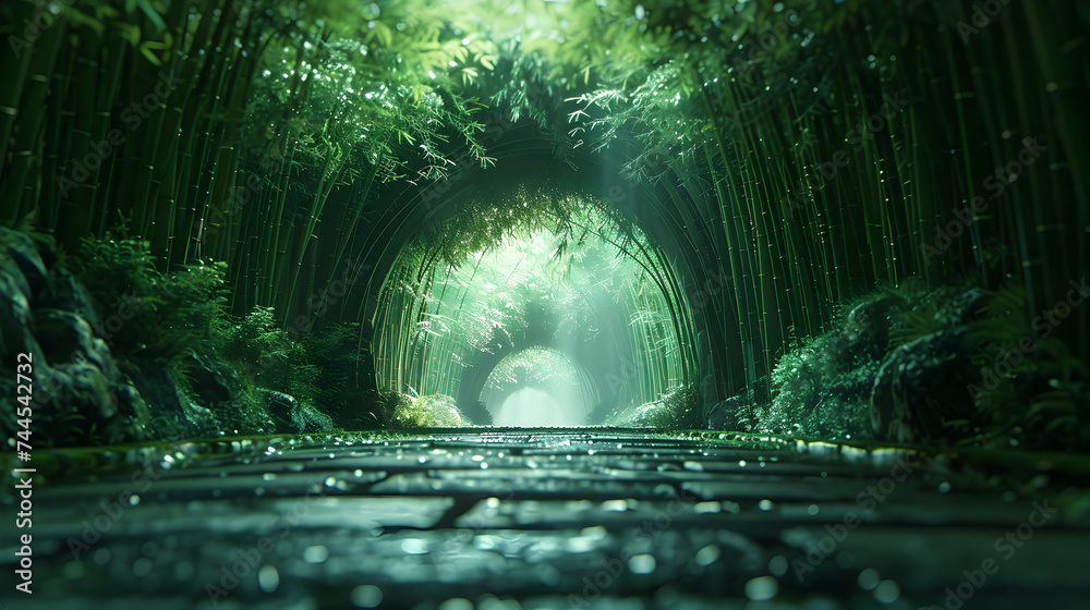 Fototapeta premium Enchanting bamboo forest path illuminated by mystical green light, inviting a sense of wonder.