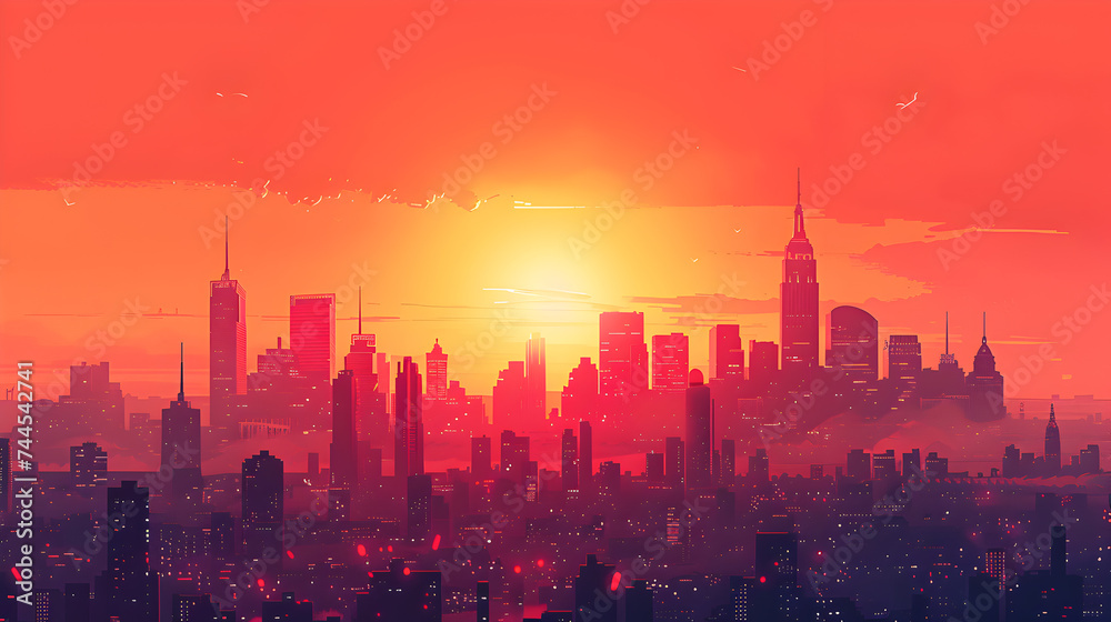 A fiery sunset casts a warm glow over a city skyline, creating a silhouette of urban splendor.