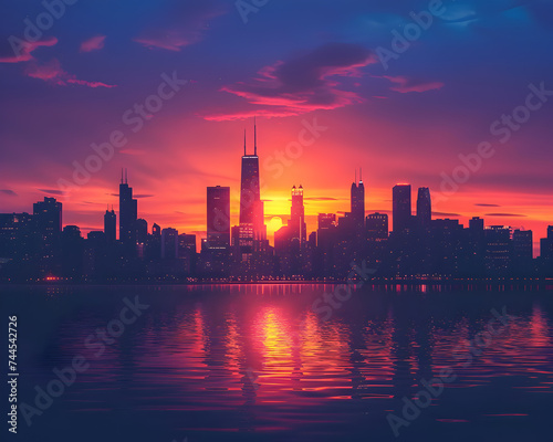 The red hues of sunset reflect beautifully on a calm lake against a backdrop of a city's silhouette.