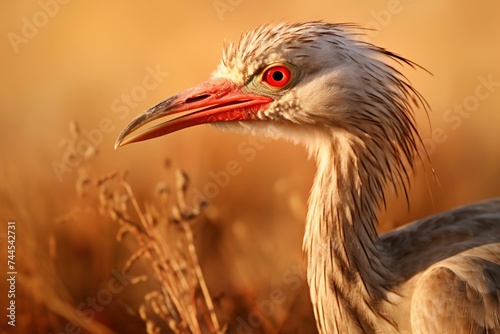 Close-up of a red-legged seriema in dry grassland, head tilted, catching an insect photo