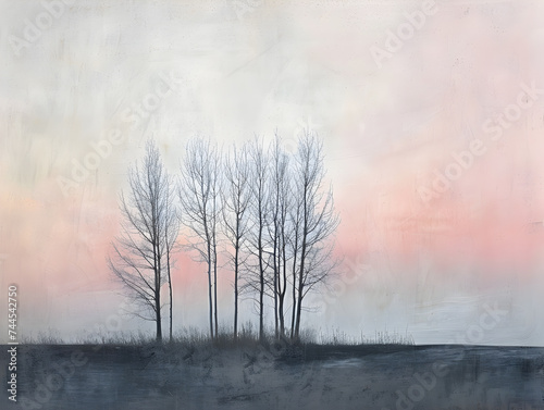 Bare trees against a soft pastel sky, evoking a serene and minimalist winter landscape.