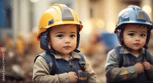 Portrait of Baby builders, wearing working form and helms