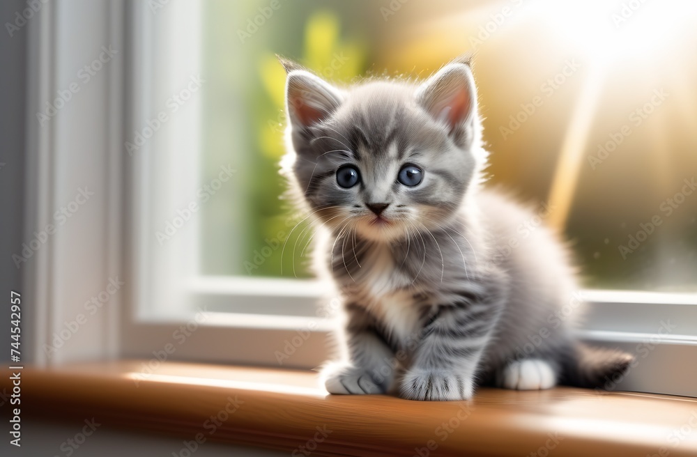 Grey little kitten sitting on the windowsill on sunny day