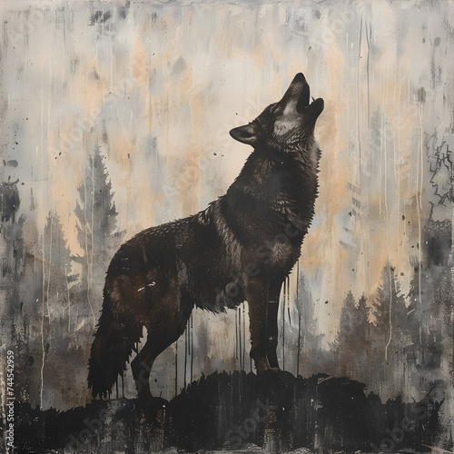 Artistic wolf illustration with a dramatic backdrop of dripping paint and forest. © Meta