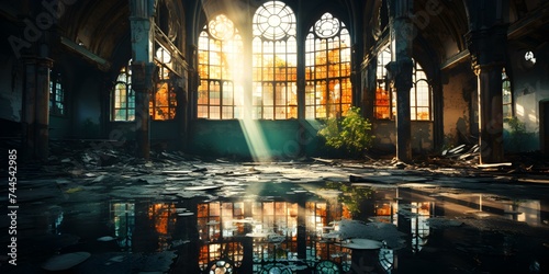 Sunlight filters through stained glass into eerie underwater abandoned gothic factory. Concept Abandoned Factory, Underwater, Stained Glass, Gothic, Sunlight, Eerie Atmosphere